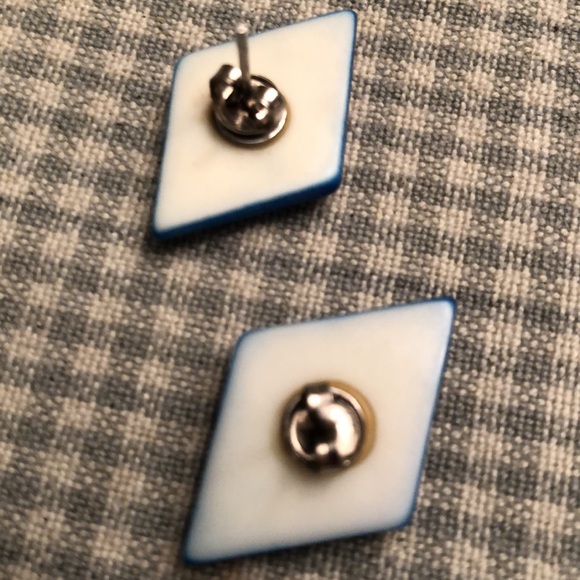 Vintage Royal Blue Glossy Beveled Diamond Shape Stud  Pierced Earrings - #432 - Picture 5 of 7